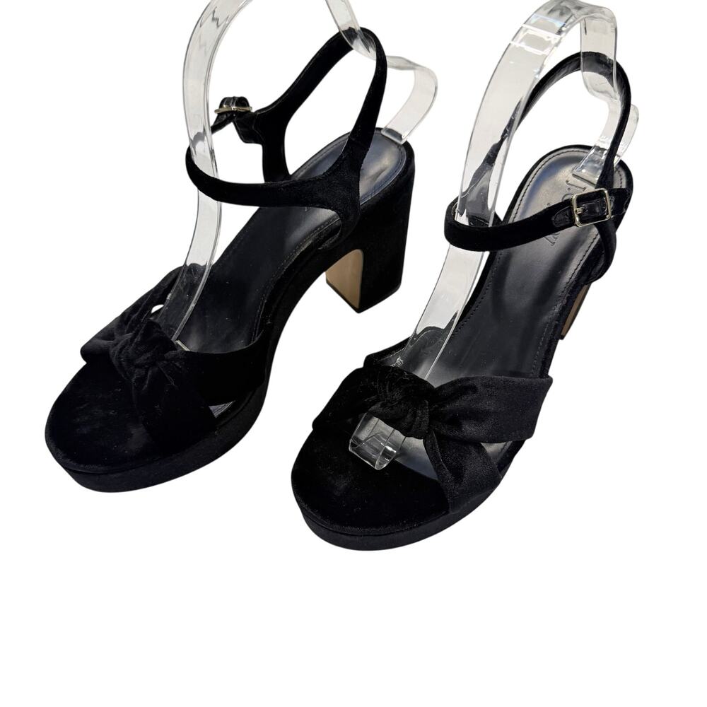 J.Crew Black Velvet Platform Heels Women’s 8 Block Heel Ankle Strap Sandals - Picture 2 of 10